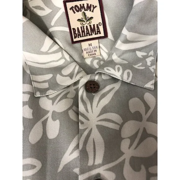 VTG Tommy Bahama Hawaiian Shirt Men Medium M Camp 100% Silk Herringbone Aloha - Picture 3 of 7